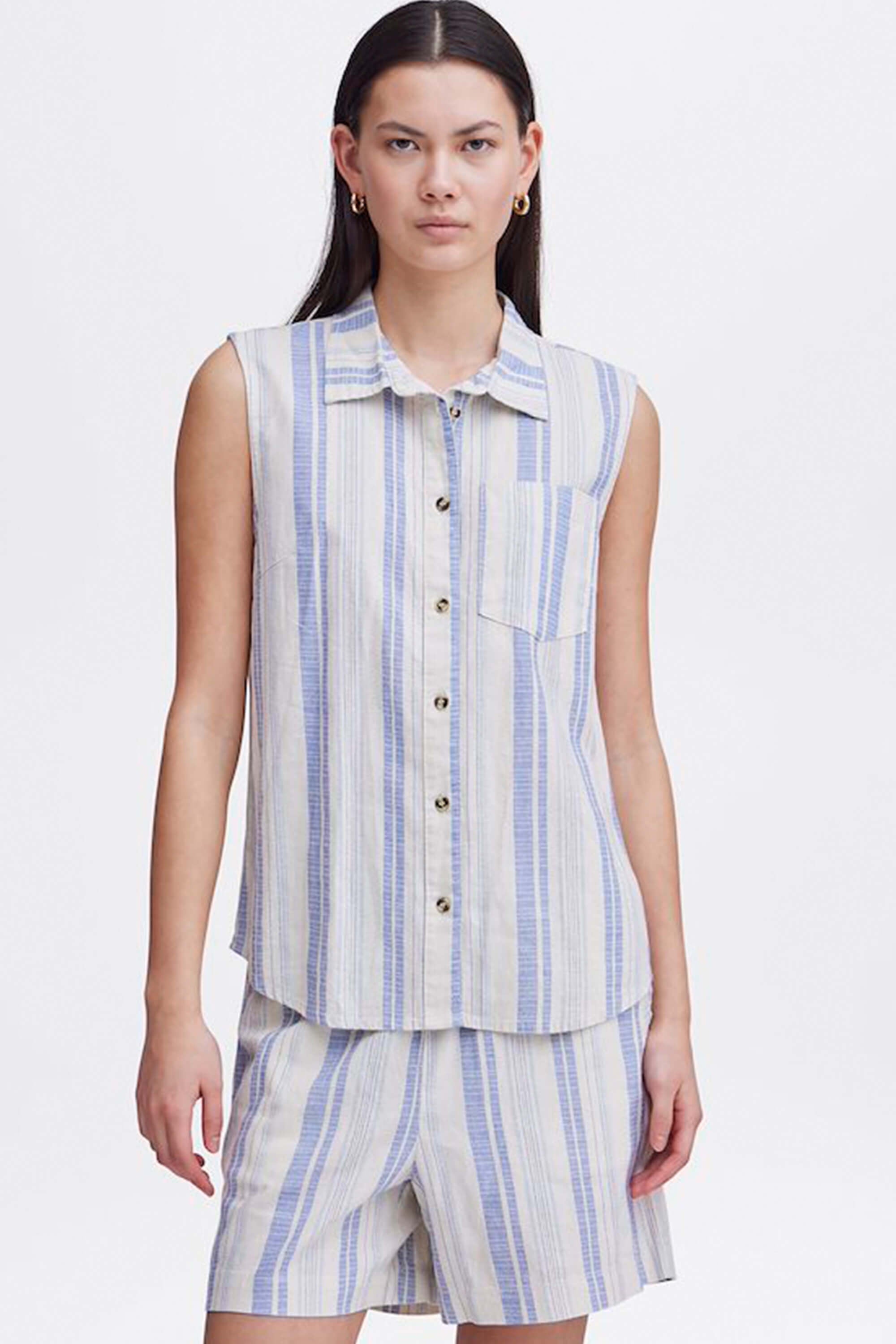 Ichi Lino Stripe Shirt Blue